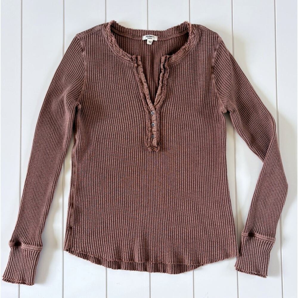 Dylan Waffle Knit Henley Top Cotton Thermal V-neck Brown Long Sleeve M Hygge
